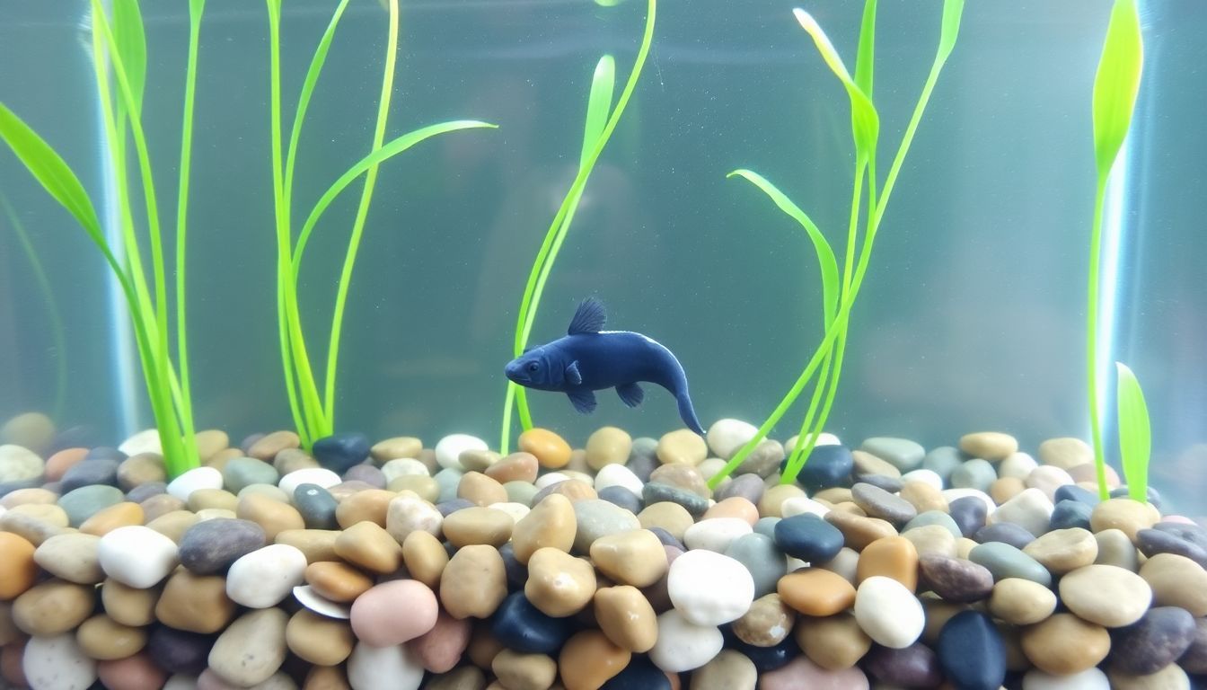 Een rustig aquarium met gekleurde stenen, planten en een Axolotl.