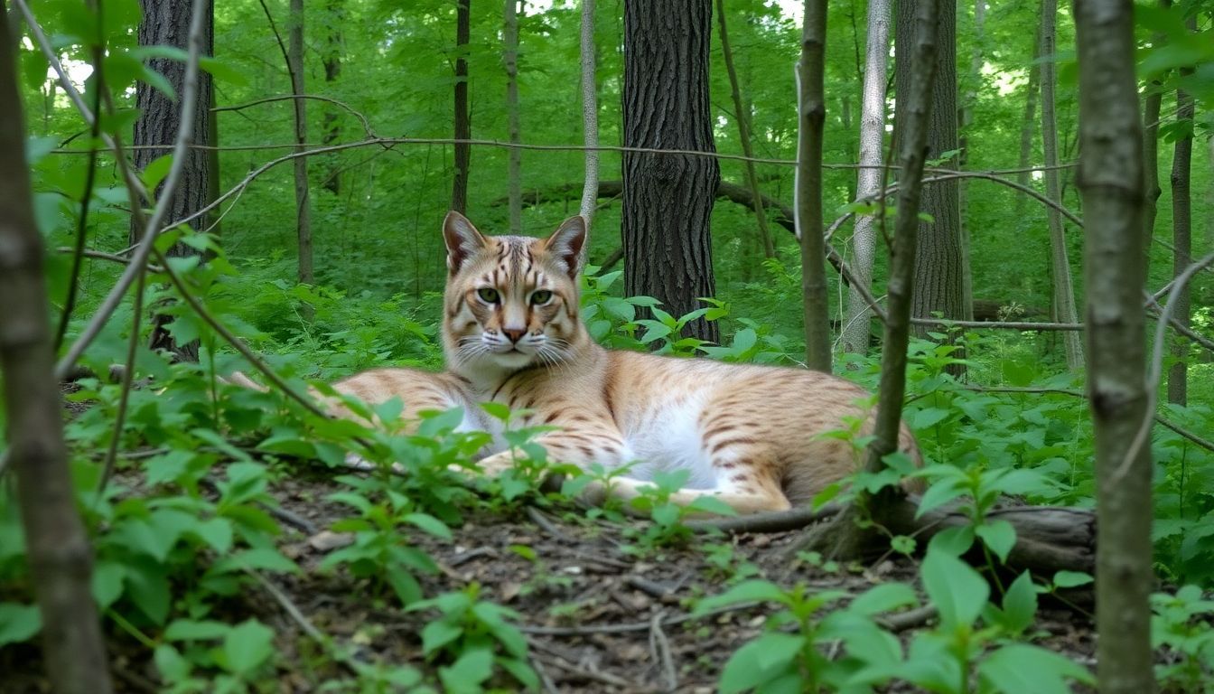 De foto toont een ontspannen bobcat in weelderig bos.