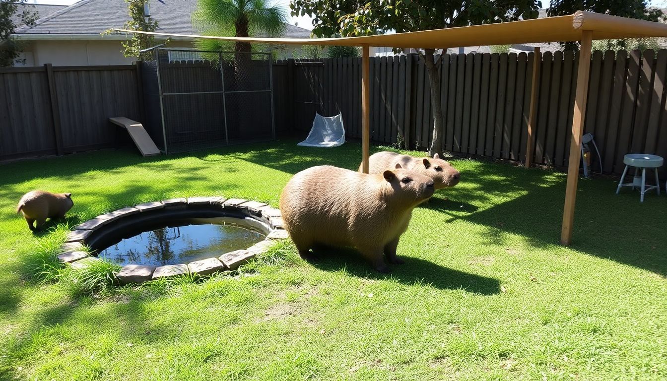 Een ruime achtertuin omgeving ontworpen voor een capibara, met gras en een vijver.