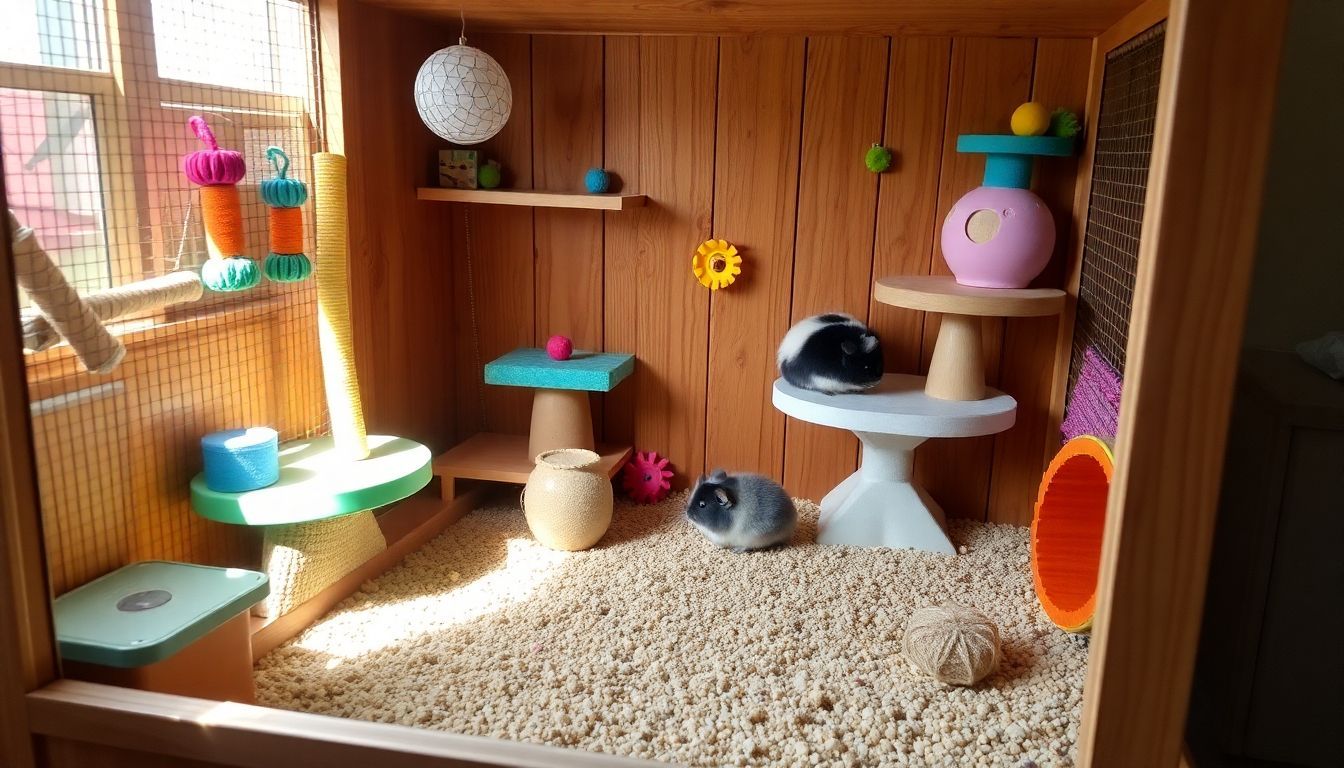 Een knusse houten kooi vol kleurrijk speelgoed voor een chinchilla.