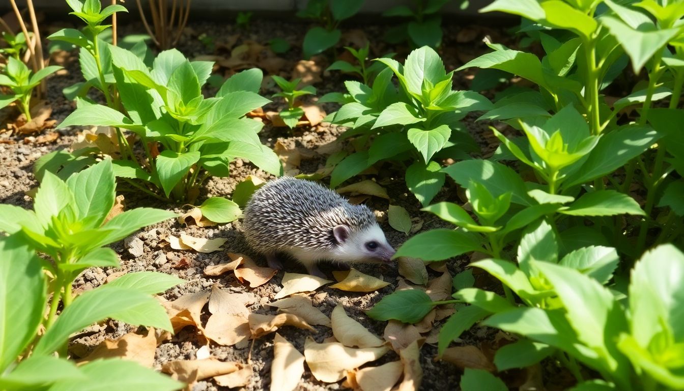Een schattige egel verkent een vredige tuin vol groene planten.