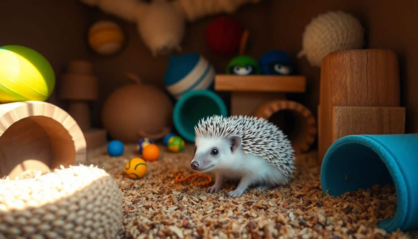 Een Afrikaanse witbuik egel in een comfortabele binnenomgeving met speelgoed en tunnels.