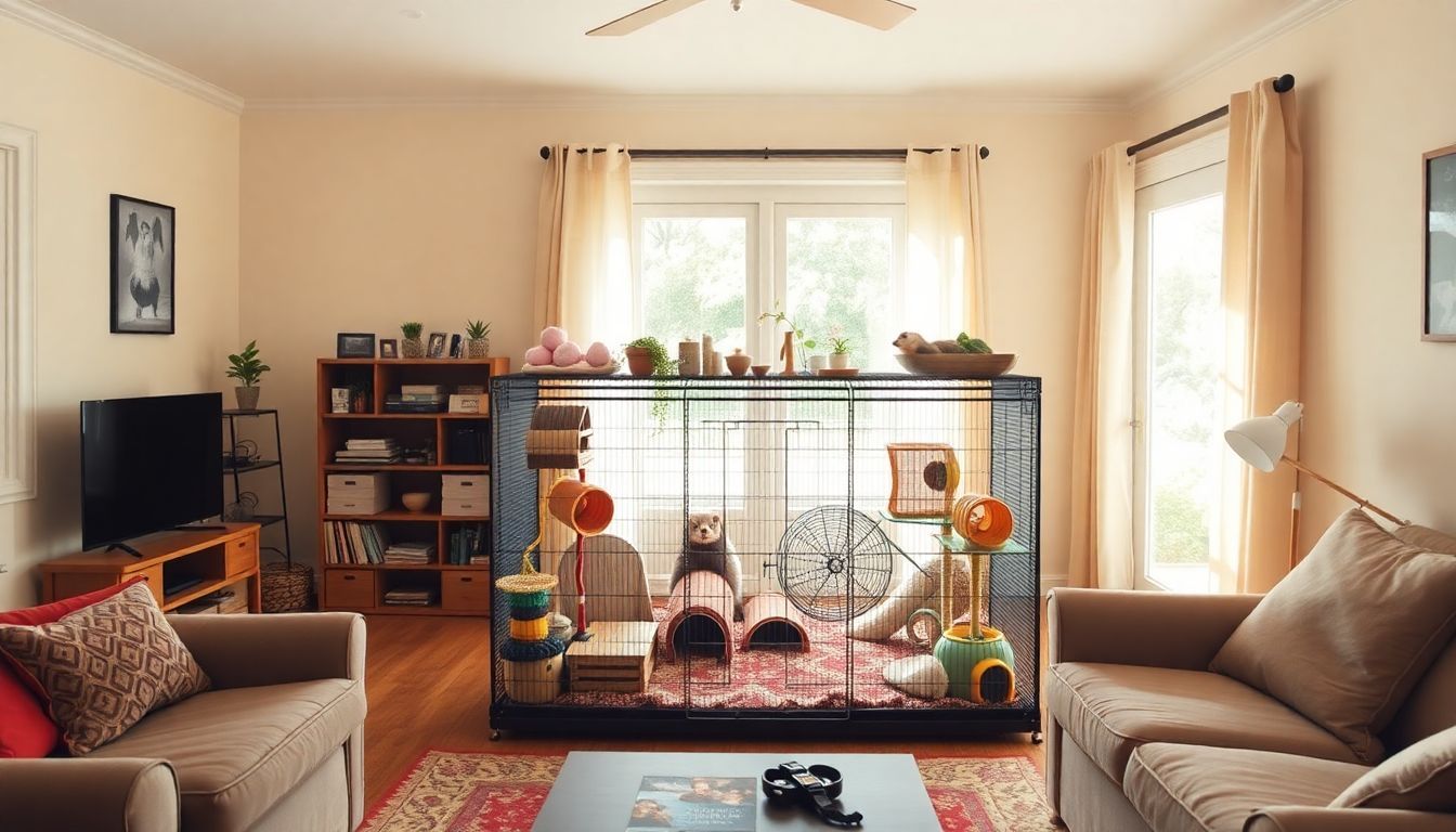 Een gezellige woonkamer met een ruime kooi voor een fret.