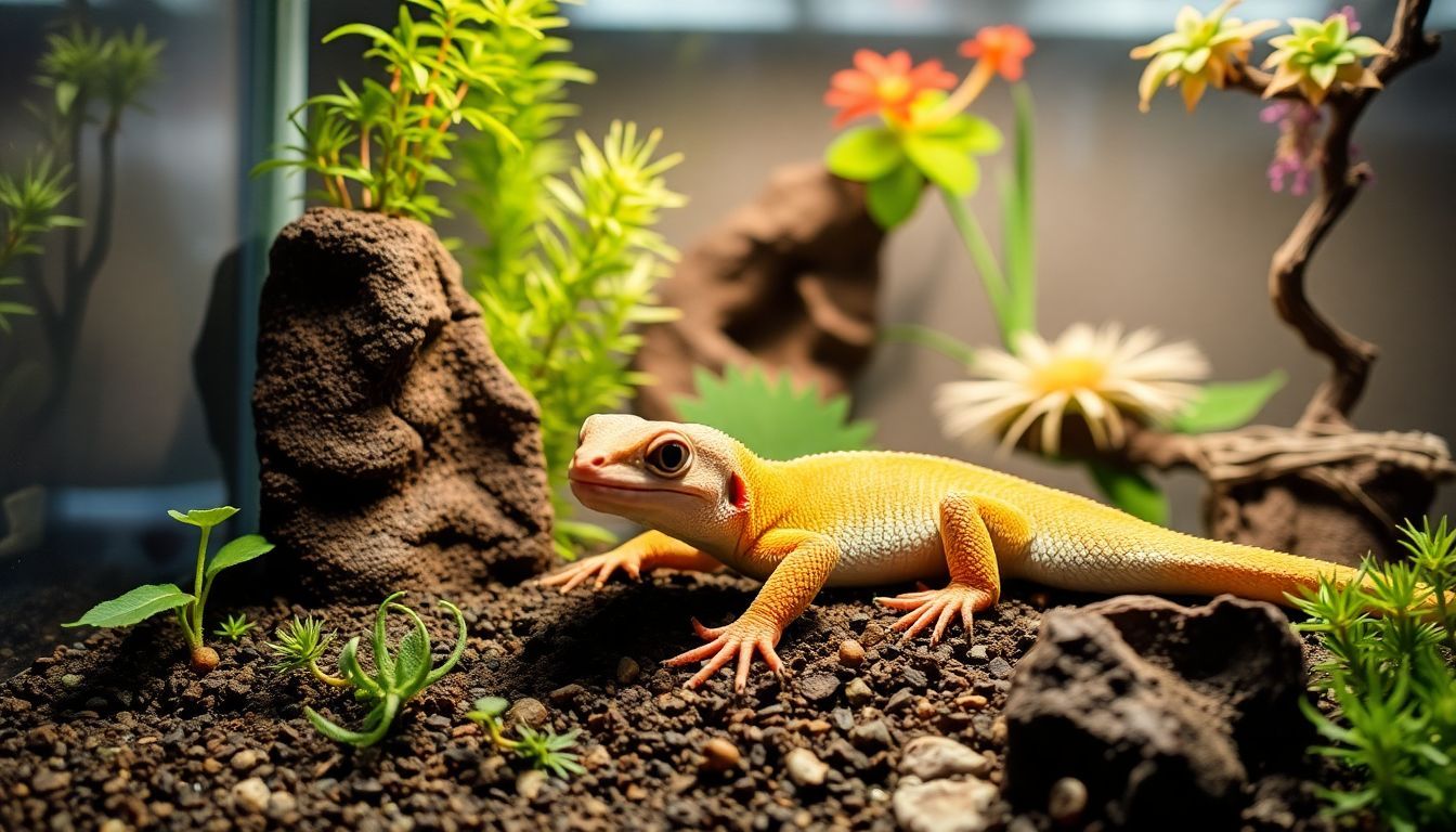 Een gekko rust comfortabel in een goed ingericht terrarium.