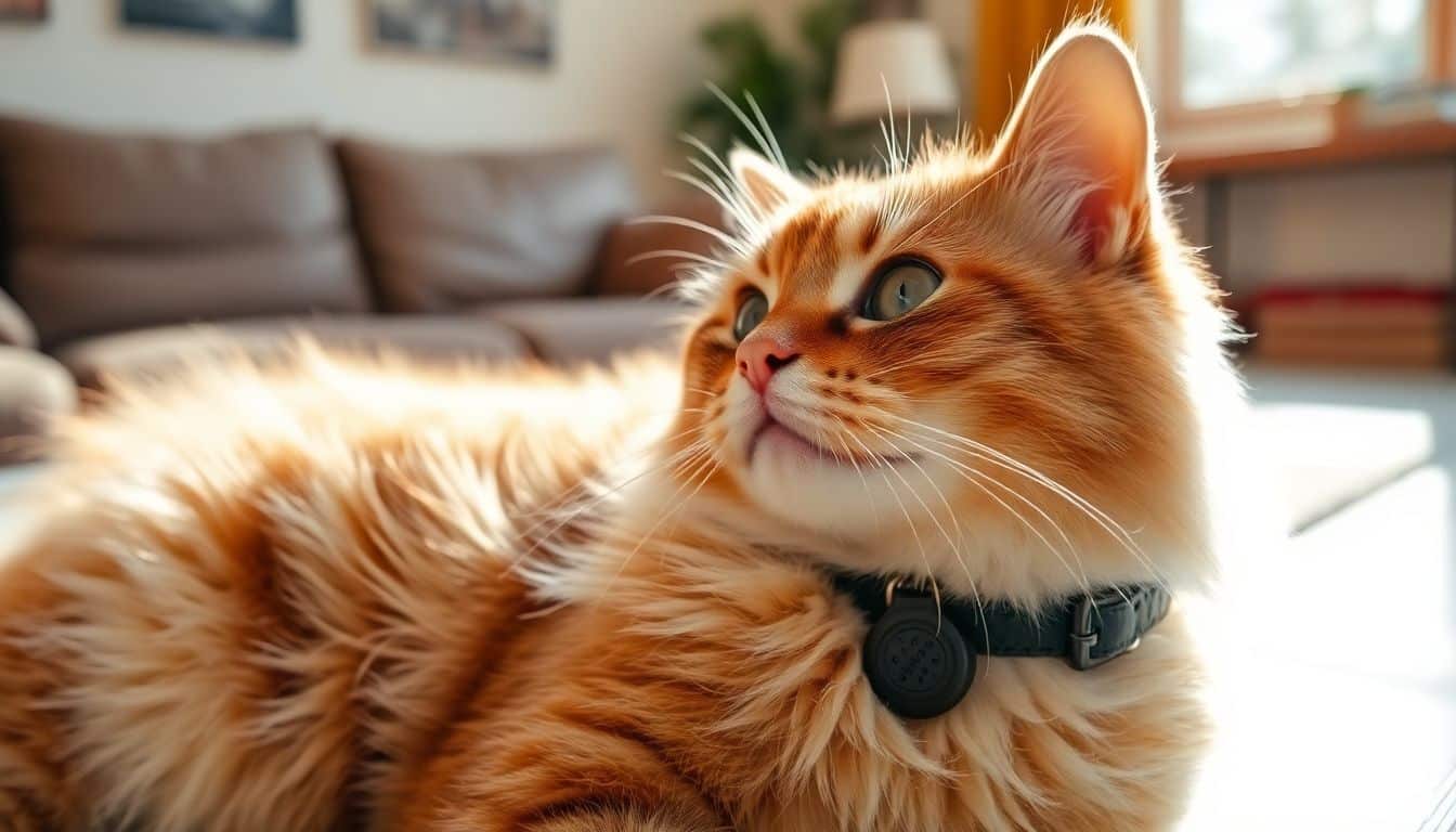 Een pluizige kat draagt een GPS-tracker om zijn halsband in een gezellige woonkamer.