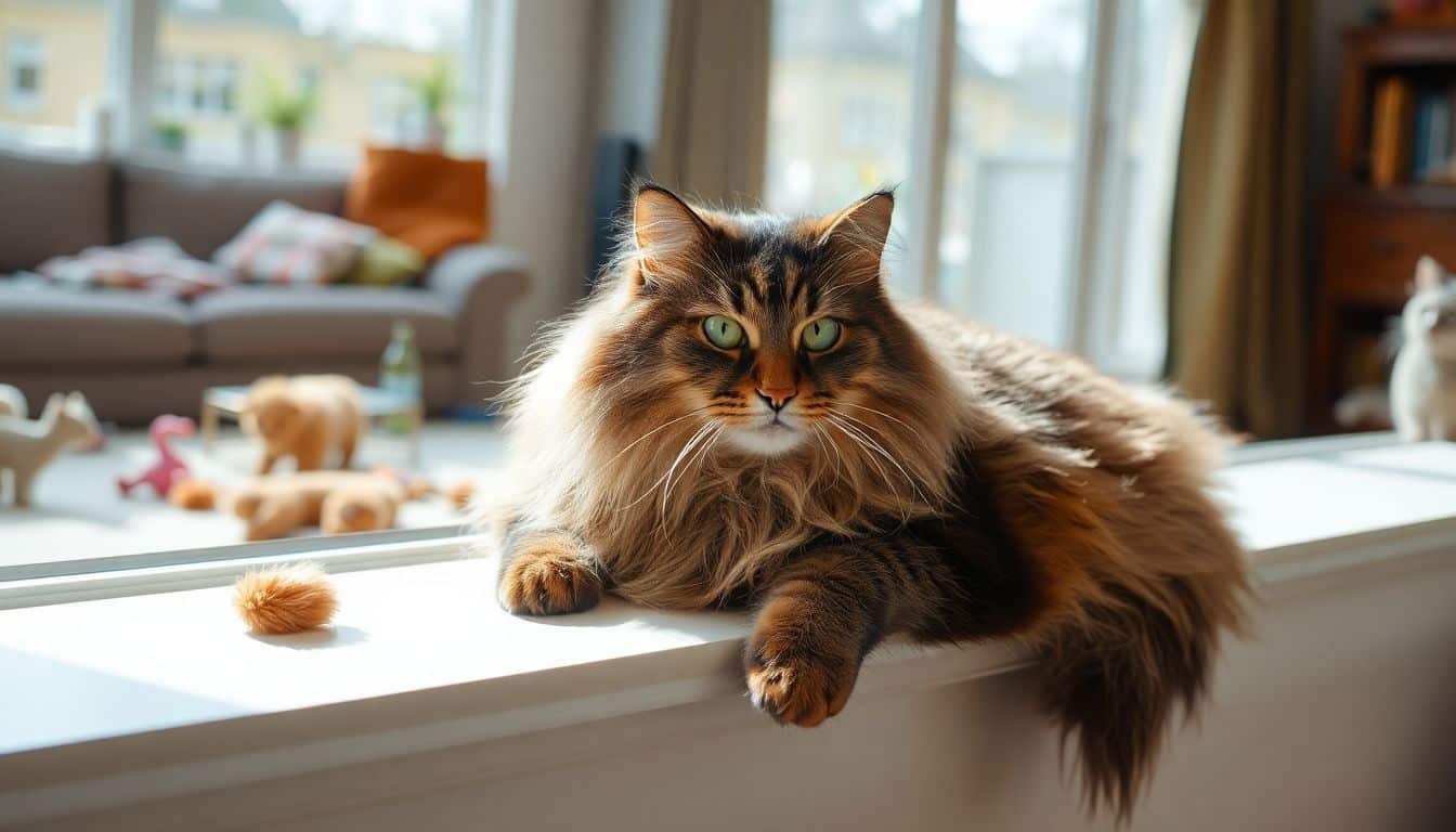 Een Maine Coon kat rust uit op een gezellige vensterbank in een woonkamer.