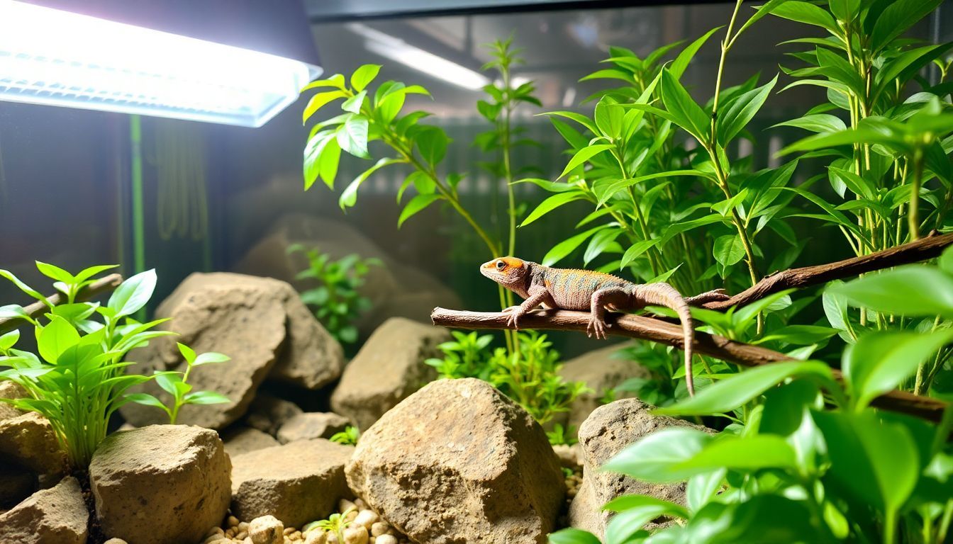 Een helder en zonnig terrarium met levendige planten en een kleurrijke gekko.