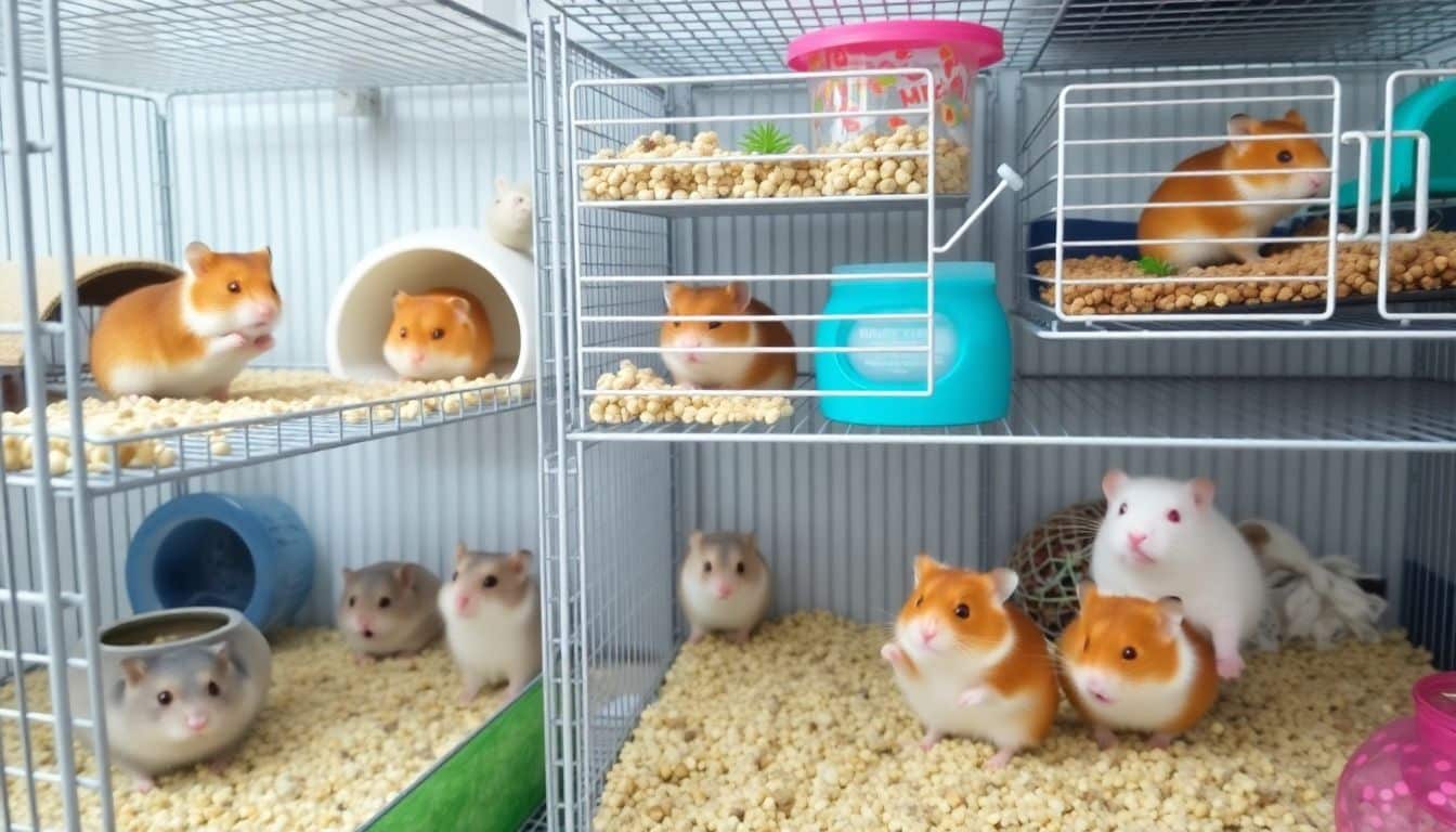 Verschillende hamsters in diverse kooien laten zien.