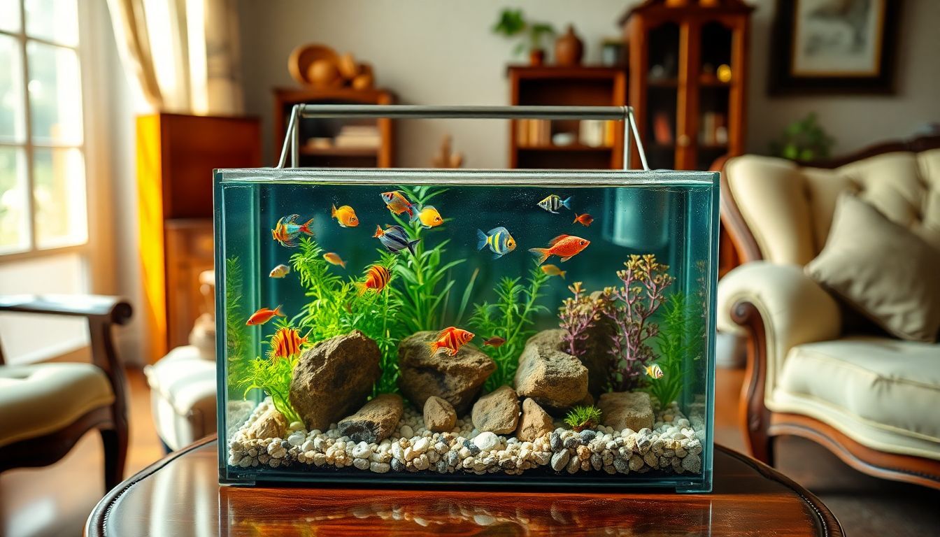 Een gezellige woonkamer met een kleurrijk aquarium vol zwemmende vissen.