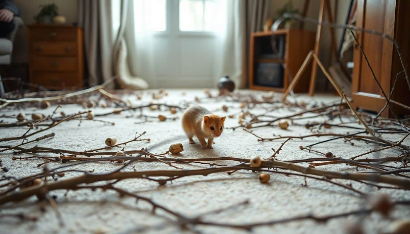 Een nieuwsgierige hermelijn verkent een kamer vol berken takken.