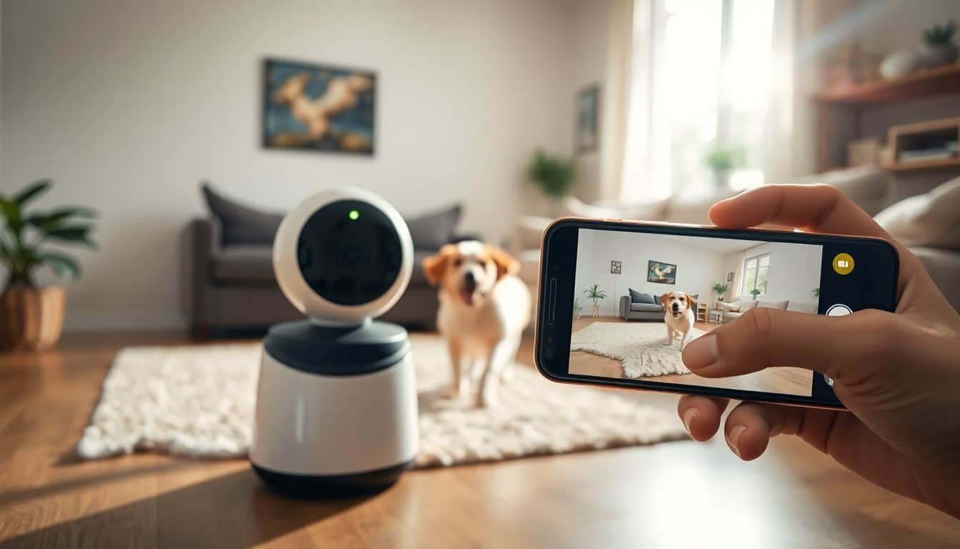 Een moderne huisdiercamera laat een vrolijke hond zien die in de woonkamer speelt.