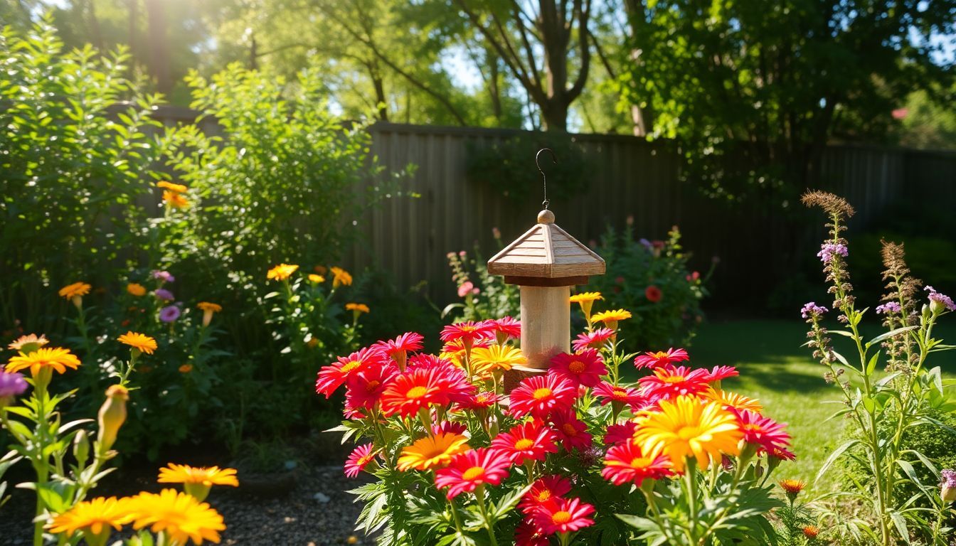 Een rustige achtertuin met vogelvoeder en kleurrijke bloemen.