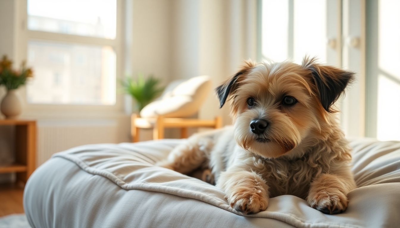 Een gezellige kamer met een rustende hond en een chip in het oor.