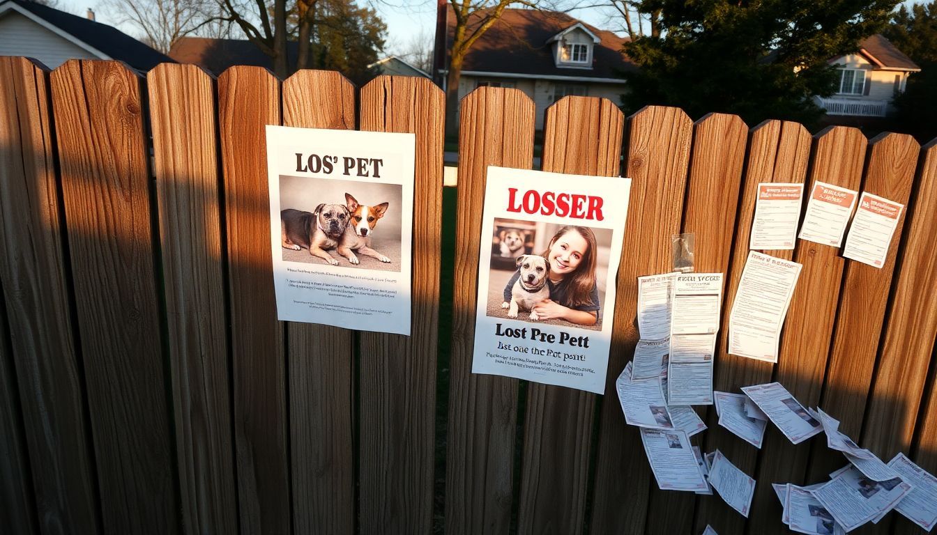 Een verloren huisdier poster op een vervallen houten hek in een buitenwijk.