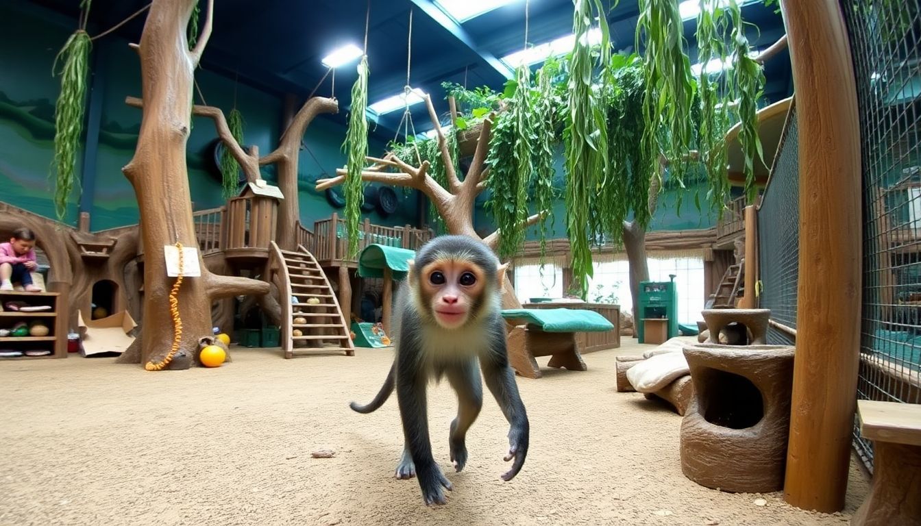 Een kleine, levendige aap verkent een natuurlijke jungle-achtige binnenomgeving.