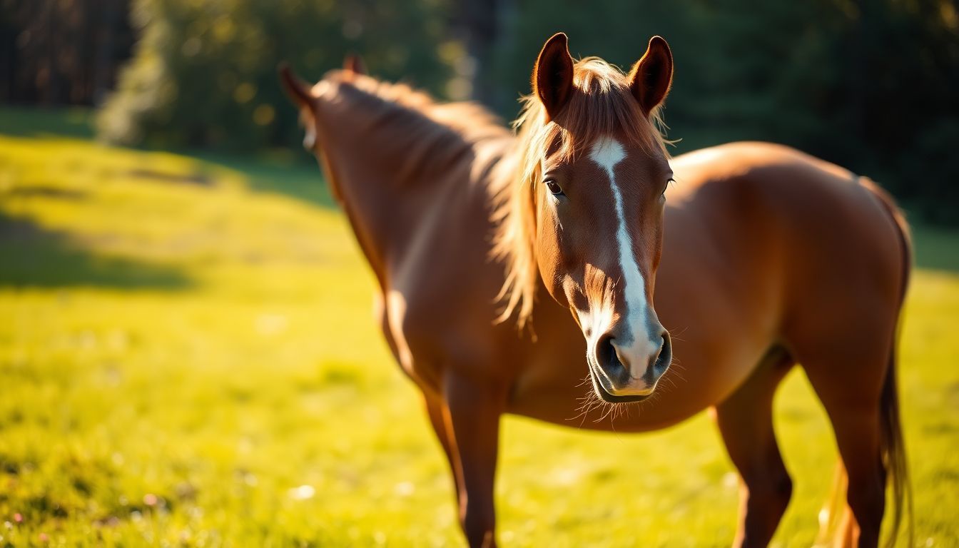 Een paard staat vredig in een groene weide onder zacht zonlicht.