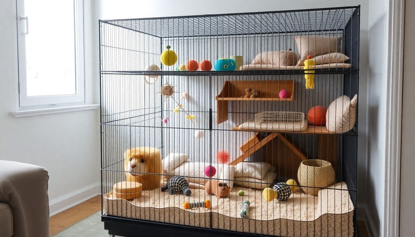 Een kooi met speelgoed en beddengoed, klaar voor een nieuw huisdier.