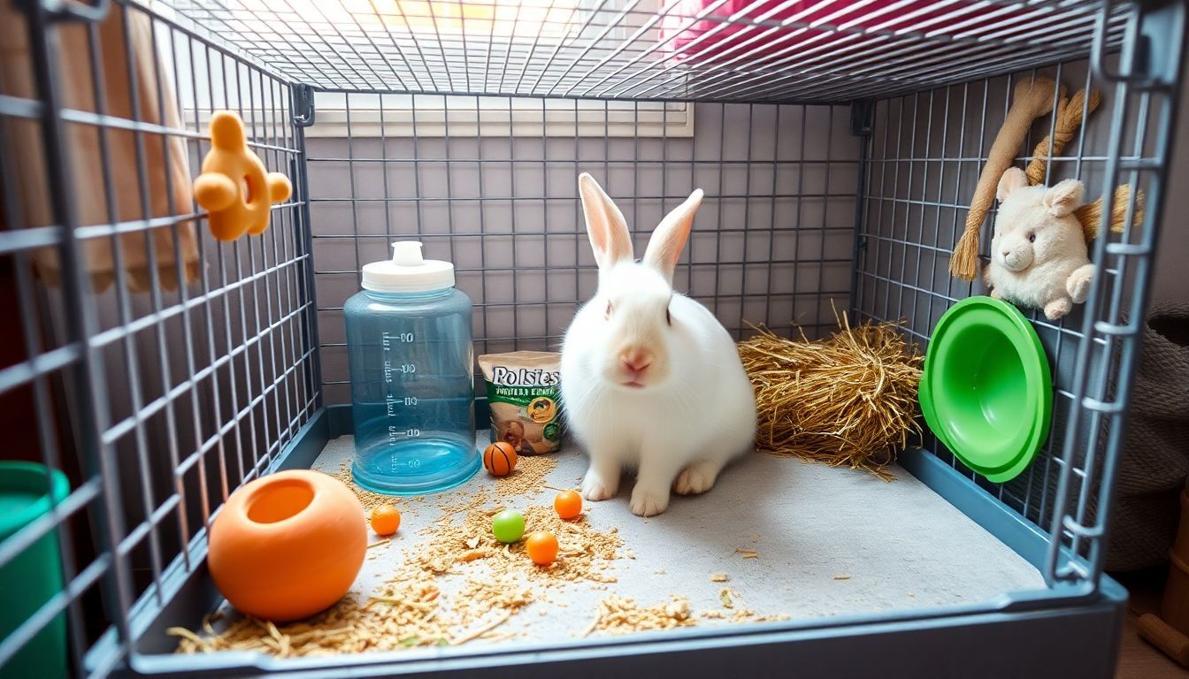 Een huisdierkonijn zit comfortabel in een schone kooi met speelgoed en hooi.