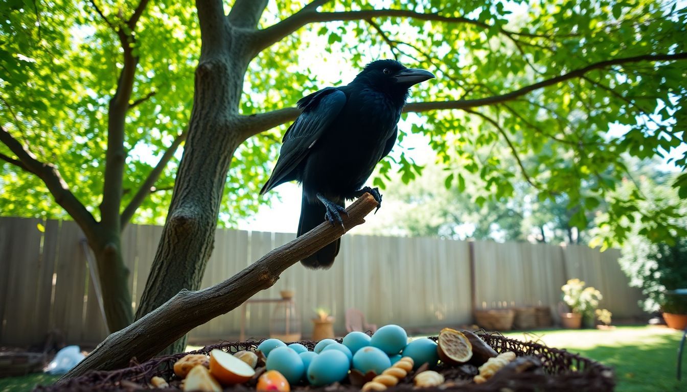 Een grote kraai zit op een boomtak boven een nest met eieren en voedsel.