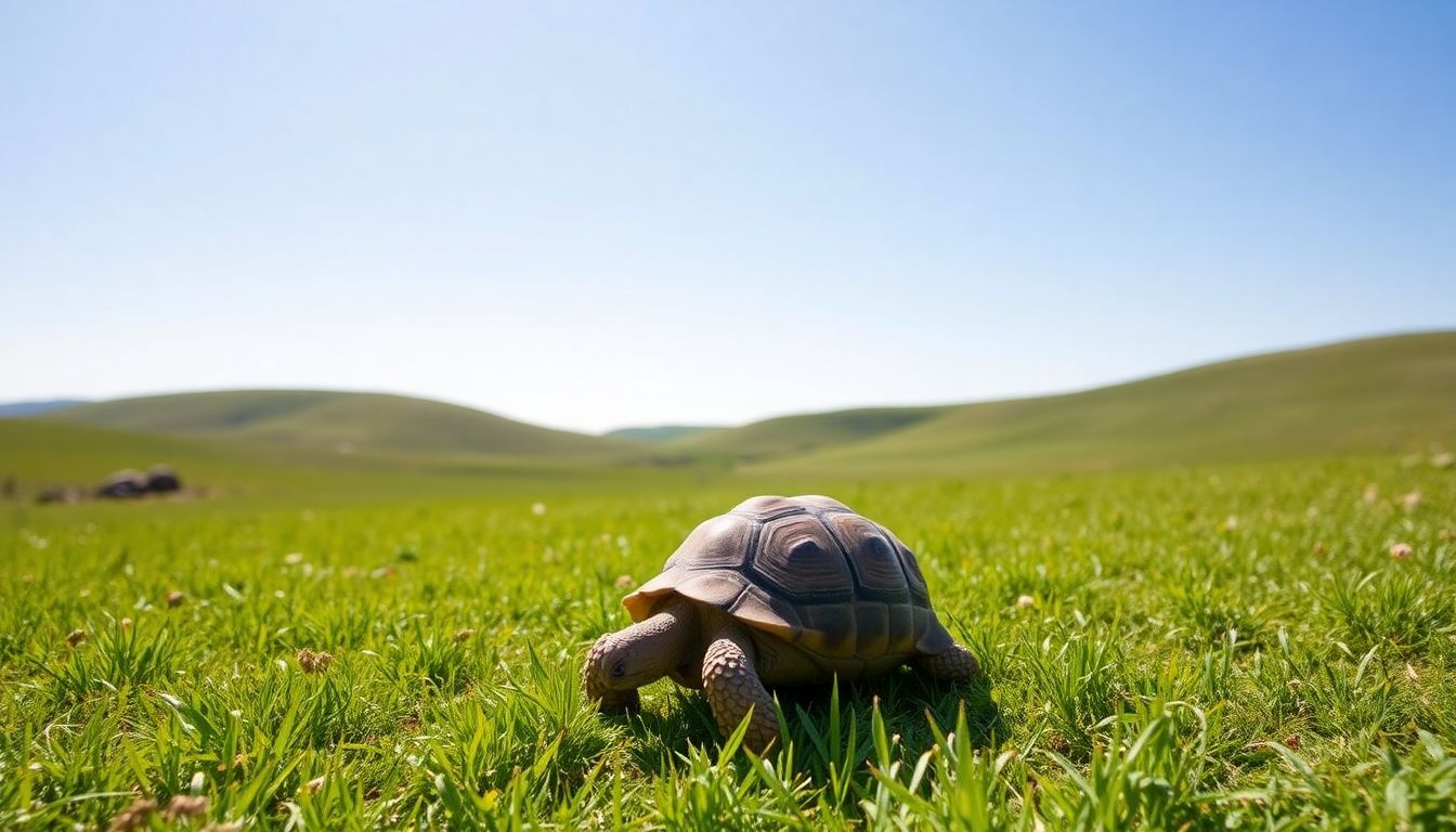 Een schildpad wandelt vrij door een serene Nederlandse landschap.