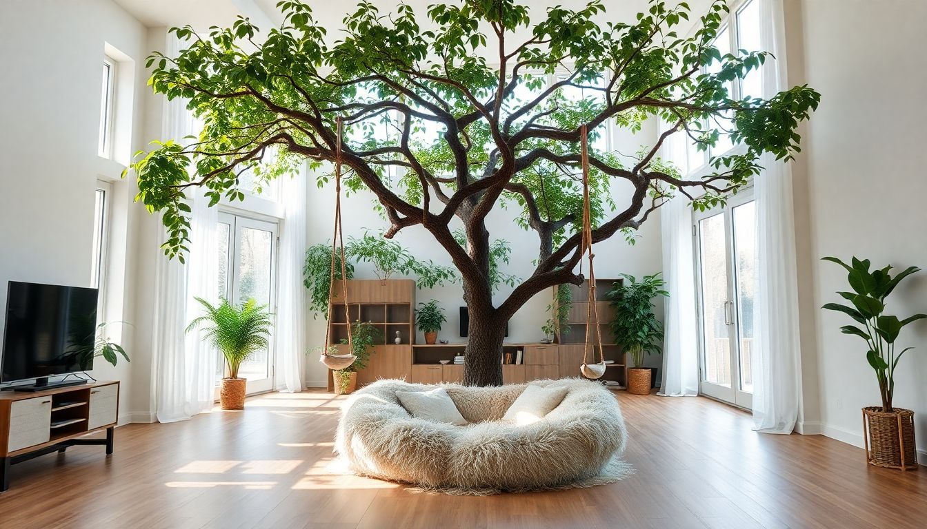 Een ruime, lichte woonkamer met een grote, overdekte jungle gym.
