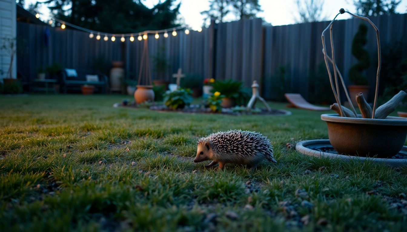 Een eenzame egel wandelt door een achtertuin tuin bij schemering.