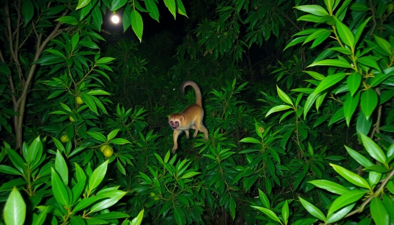 Een galago springt 's nachts door de West-Afrikaanse jungle op zoek naar voedsel.