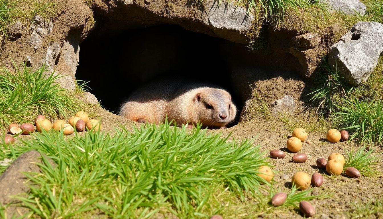 Een Alpenmarmot rust in zijn hol, omringd door gras en noten.