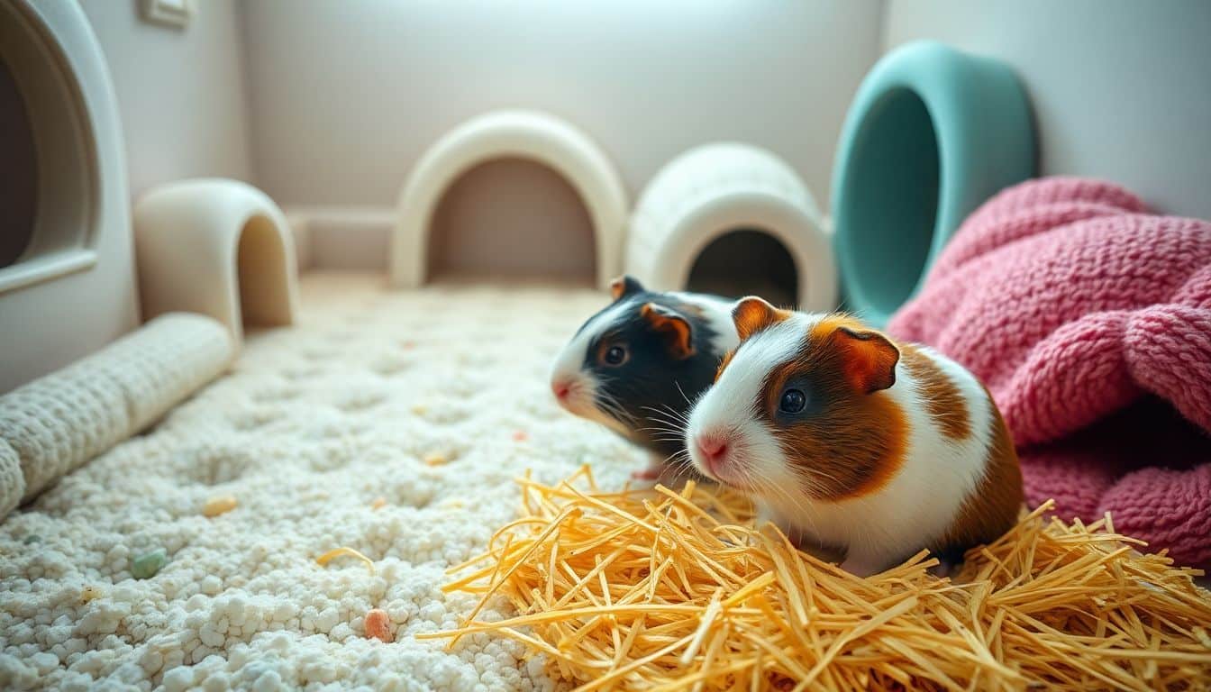 Een kalme cavia habitat met twee vrouwtjes cavia's die genieten van hooi.