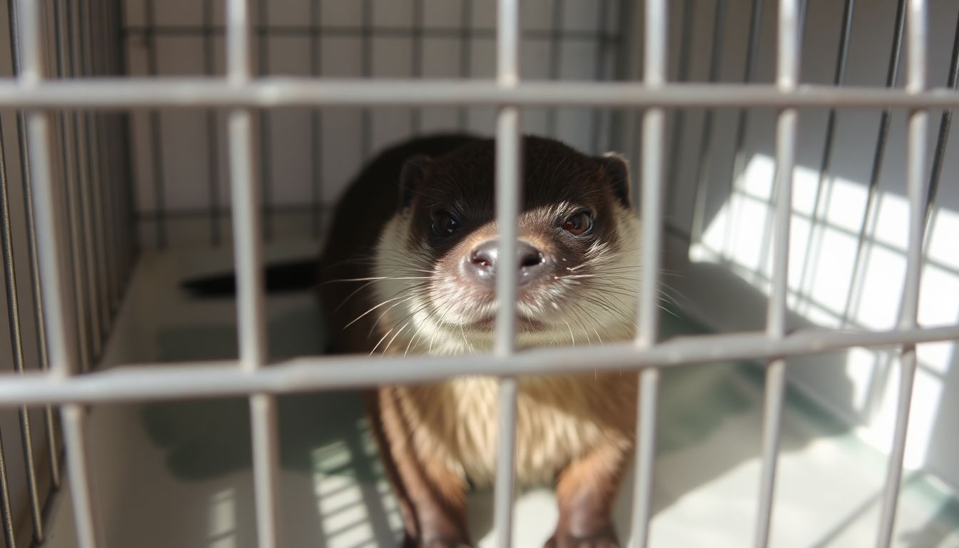 Een otter zit ongemakkelijk in een kleine kooi zonder water.