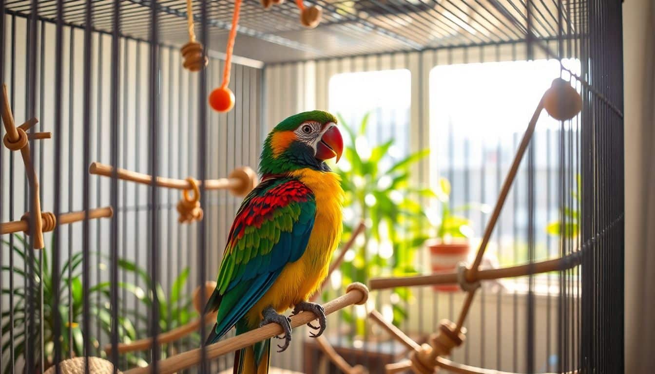 Een kleurrijke papegaai zit in een grote kooi bij het raam.