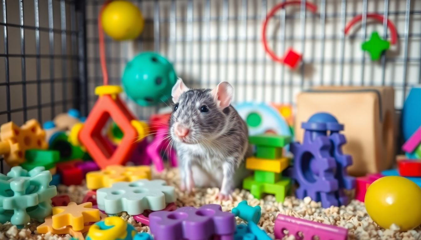 Een speelse huisrat omringd door kleurrijke speeltjes en puzzels in een kooi.