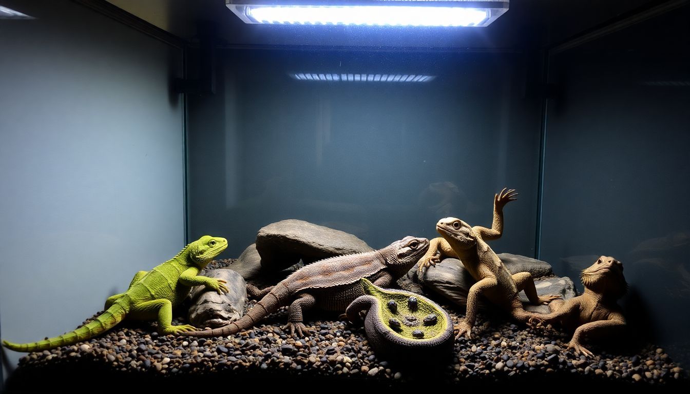 Een terrarium met verschillende reptielen als huisdieren.