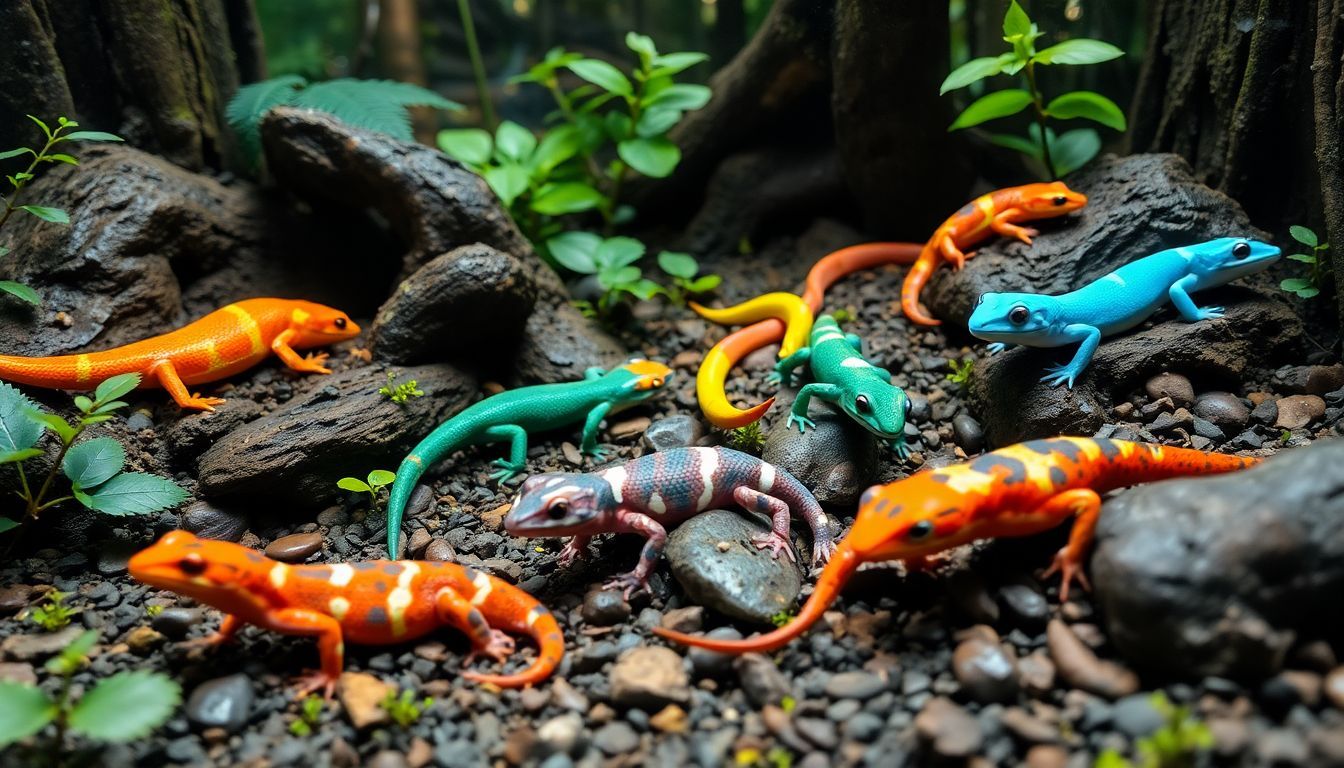 Een bos terrarium met diverse kleurrijke salamanders in hun natuurlijke omgeving.
