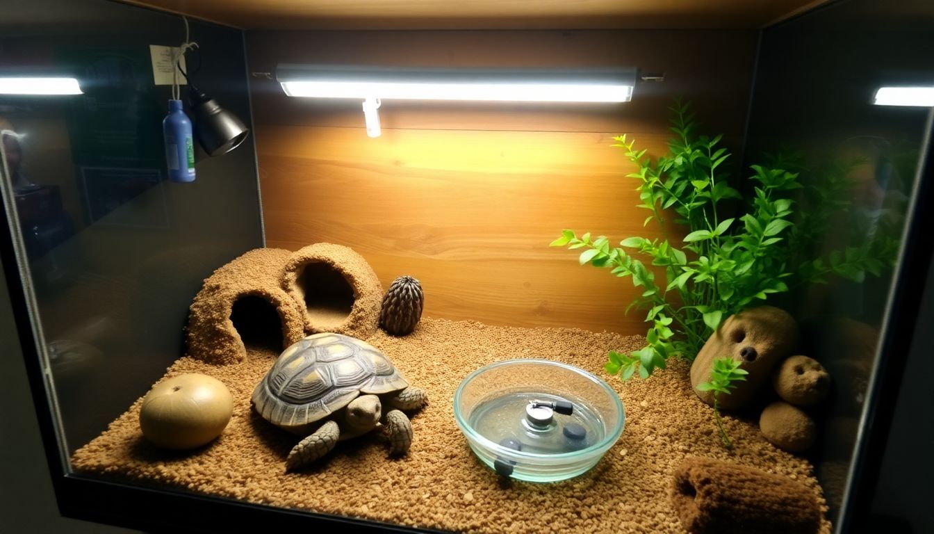 Een gezellig terrarium voor een schildpad met warmtelampen en schuilplaatsen.