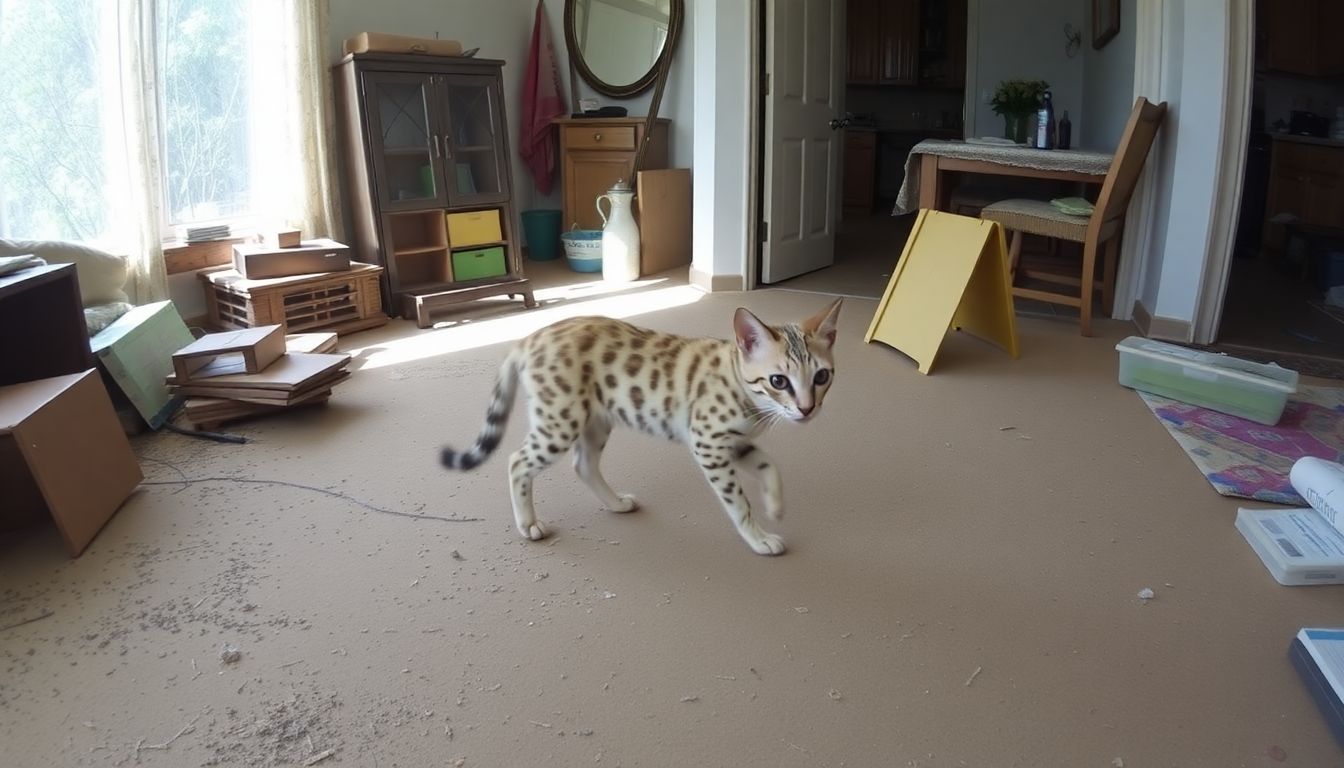 Een serval loopt rond in een huis met mogelijke gevaren.