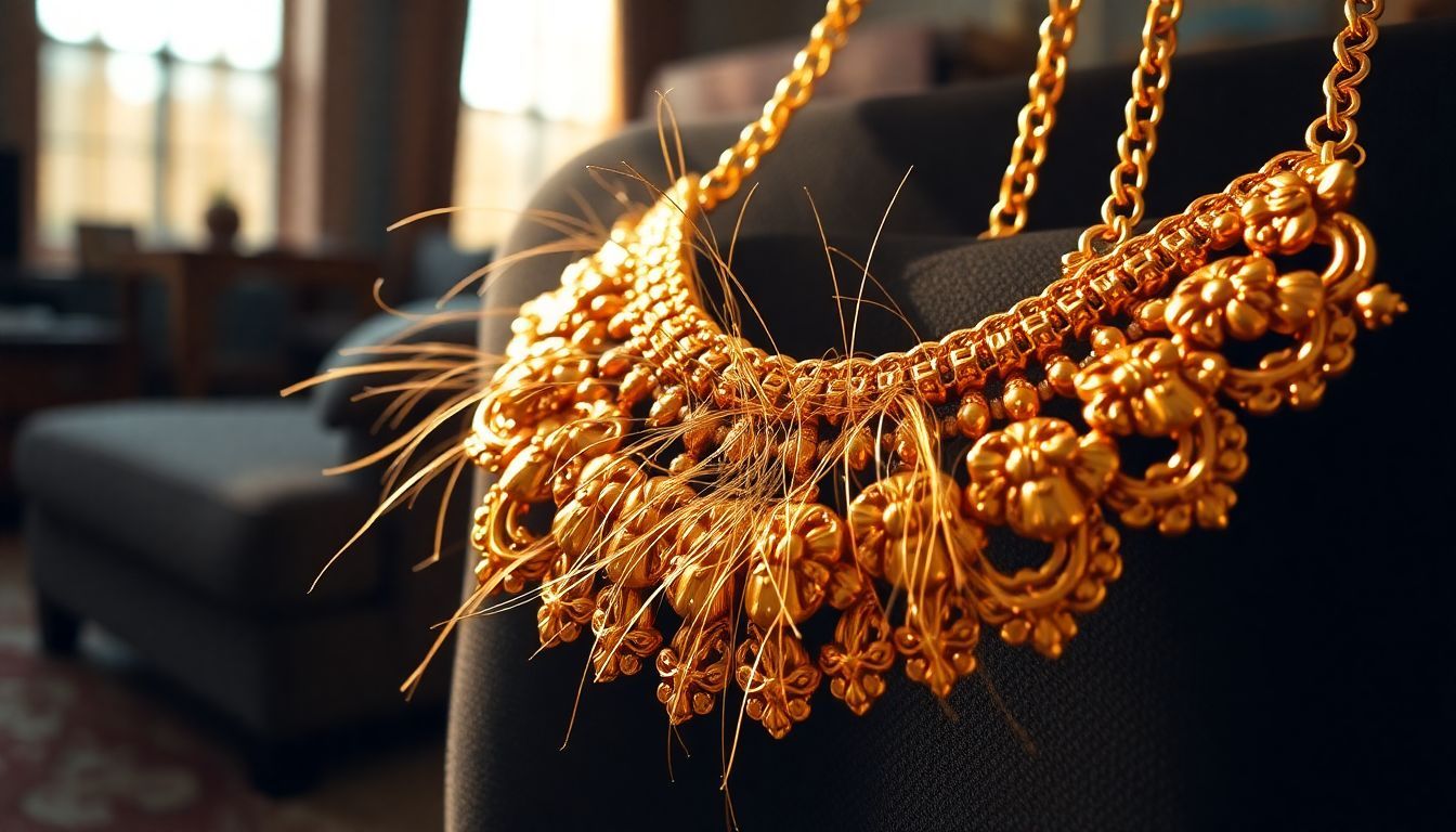 Een luxueuze gouden ketting met gedetailleerde ontwerpen en hondenhaar.