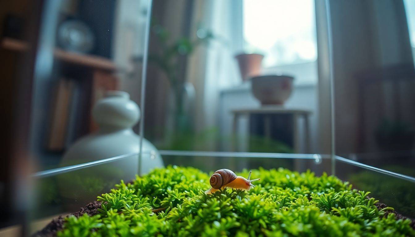 Een enkele slak beweegt op weelderig mos in een terrarium.