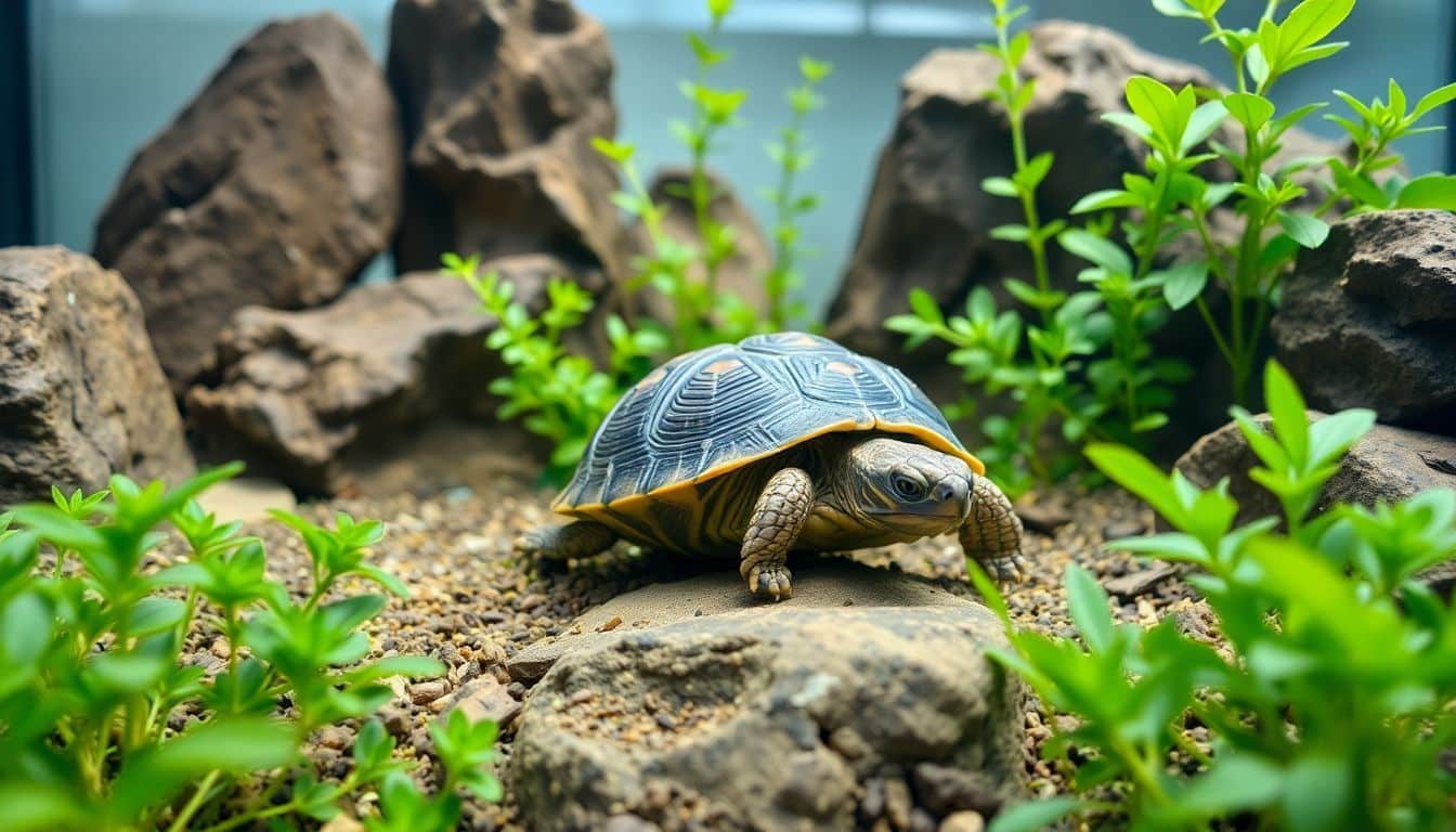 Een schildpad verkent zijn natuurlijke terrarium met levendige planten.