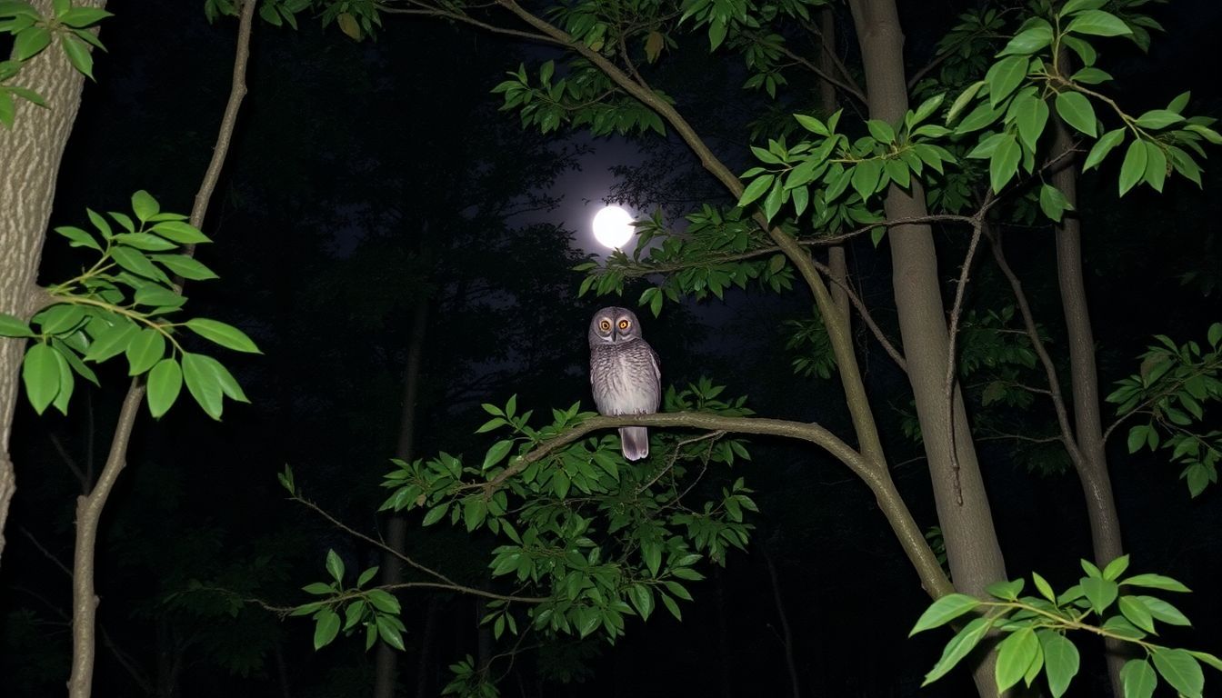 Een uil zit 's nachts op een boomtak in het bos.