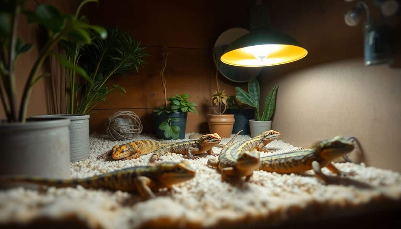 Een terrarium met meerdere huisdiervriendelijke varanen die genieten van warmte.