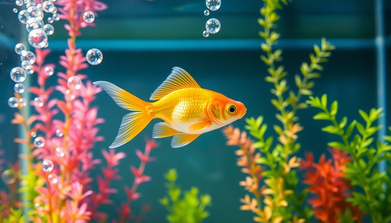 Een goudvis zwemt in een kleurrijk aquarium met planten.