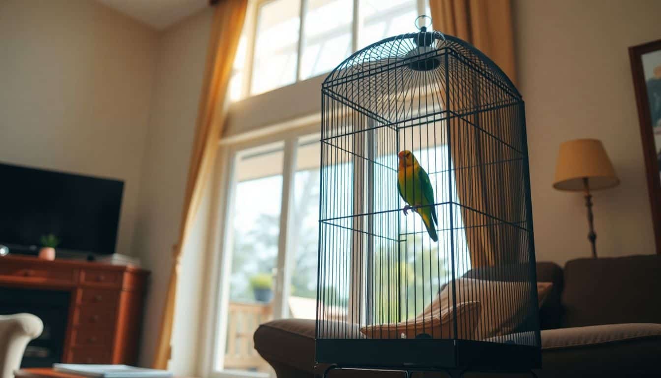 Een gezellige woonkamer met een vrolijke parkiet in een grote vogelkooi.