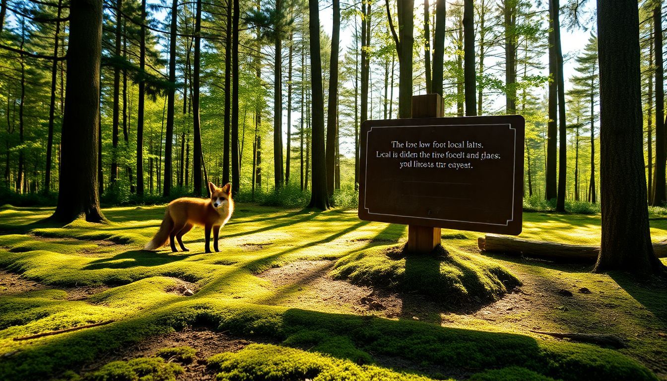 Een rode vos bij een houten bord in het bos.