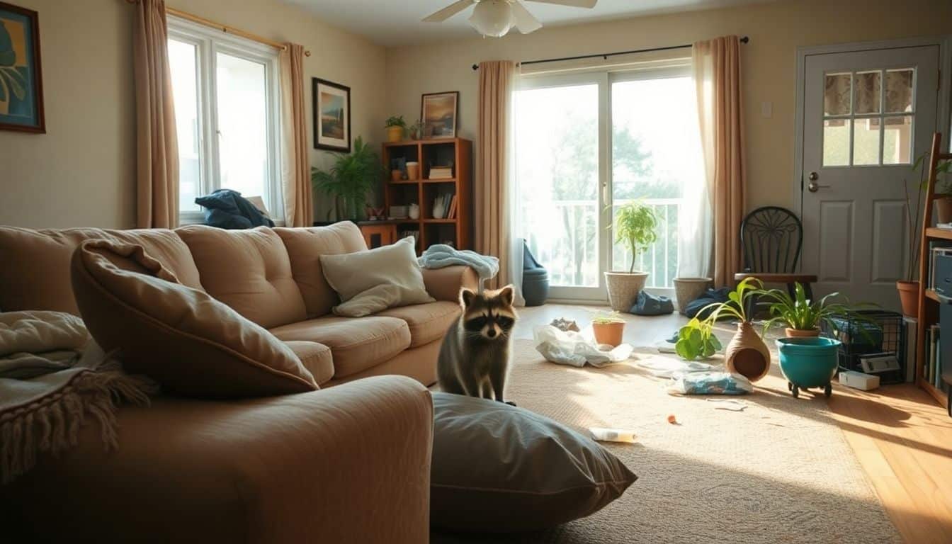 Een rommelige woonkamer door een wasbeer als huisdier.