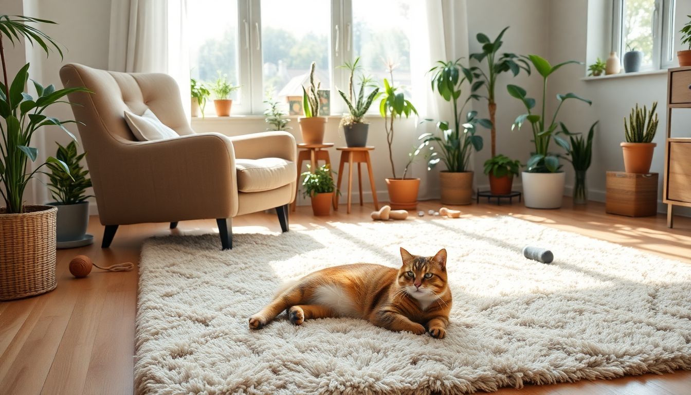 Een rustige woonkamer met een ontspannen kat op een zachte vloerkleed.