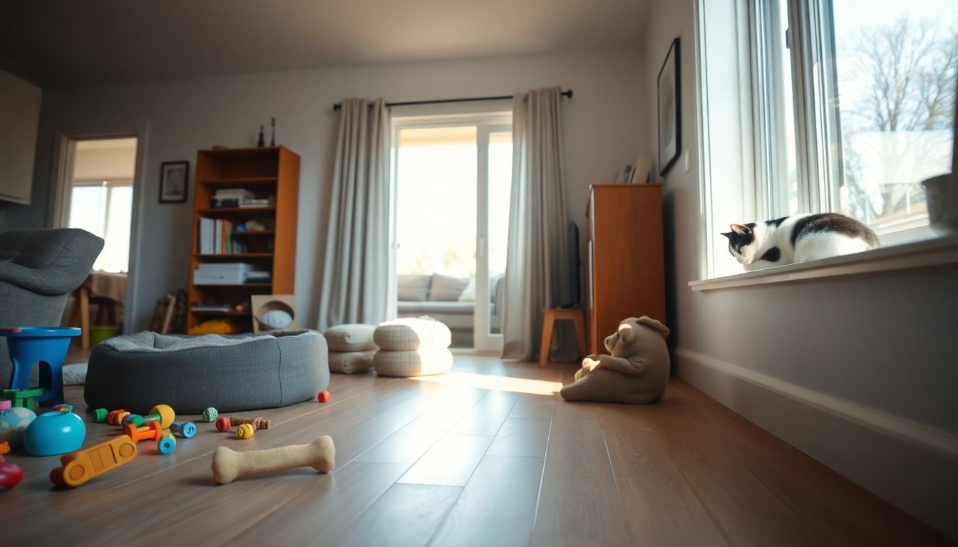 Een gezellige woonkamer met huisdieren en speelgoed op de vloer.