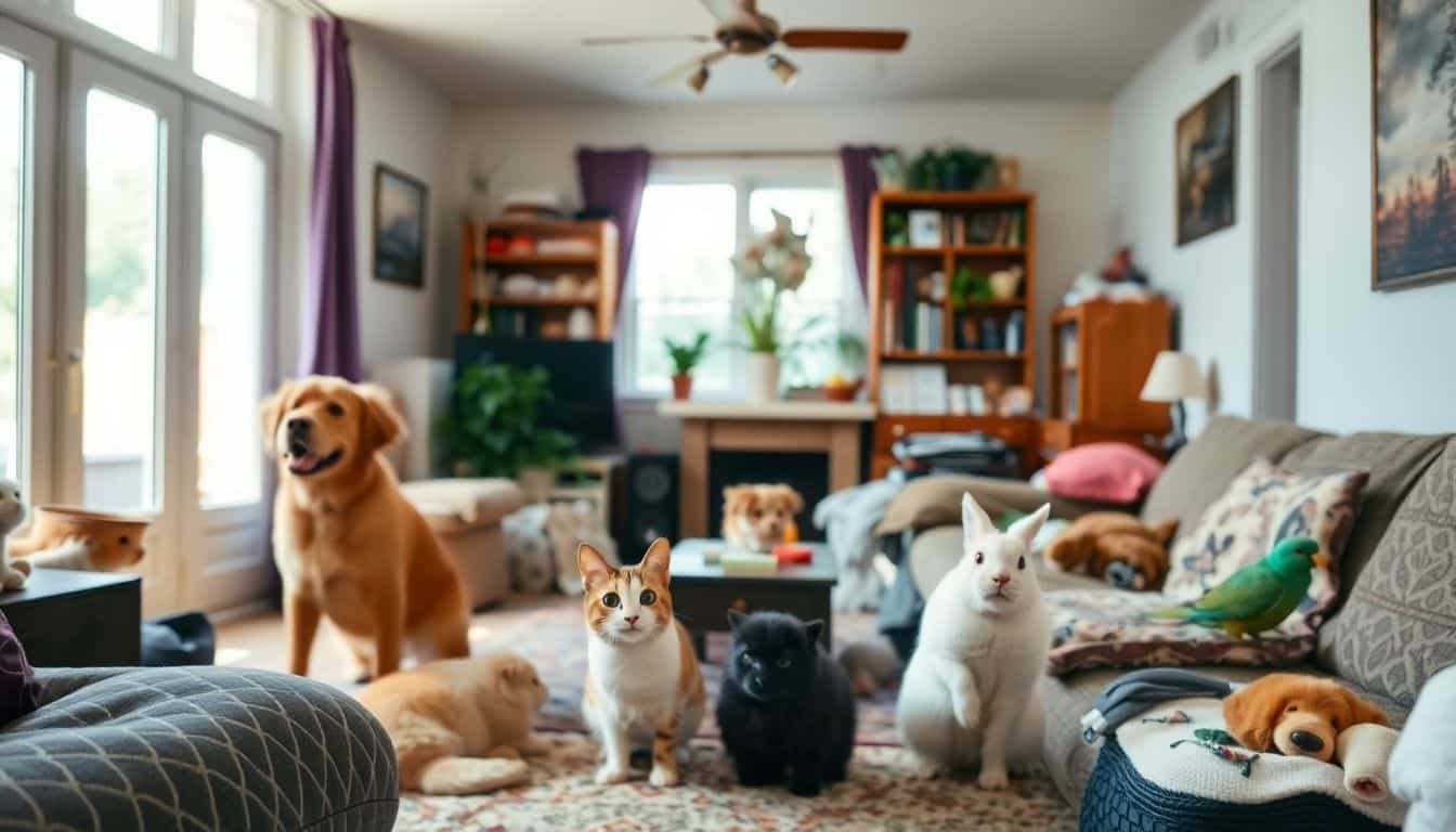 Een gezellige woonkamer met verschillende huisdieren die vreedzaam samenleven.