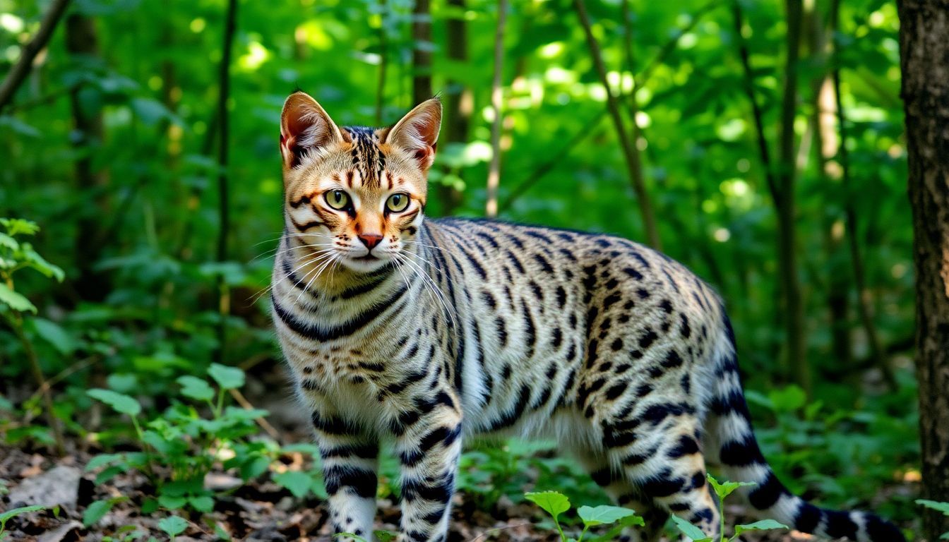Een Europese wilde kat in dicht bos, zonder menselijke aanwezigheid.